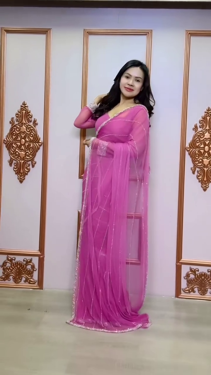 Elegant Striped Embroidered Pure Chiffon Saree – A Timeless Blend of Grace & Sophistication