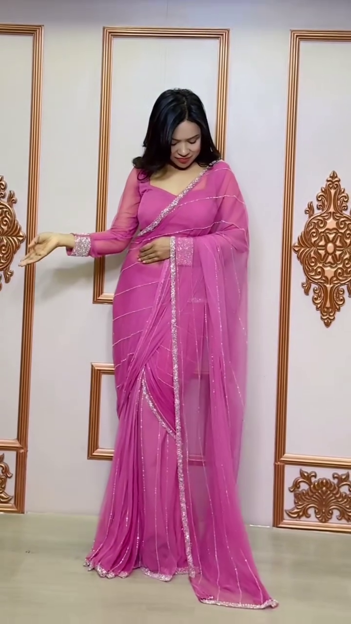 Elegant Striped Embroidered Pure Chiffon Saree – A Timeless Blend of Grace & Sophistication