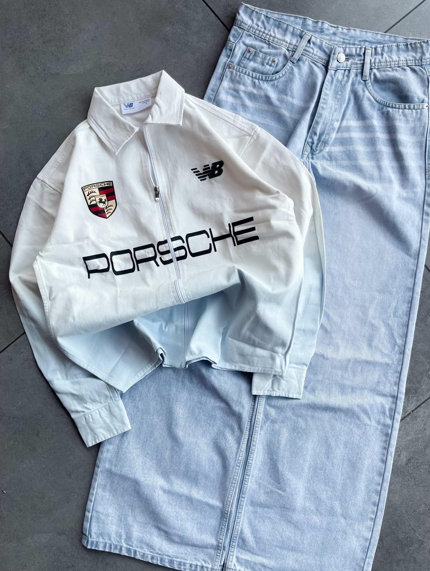White & Light Blue Porsche Zip-Up Jacket with Wide-Leg Jeans – Sporty Luxury Meets Street Style