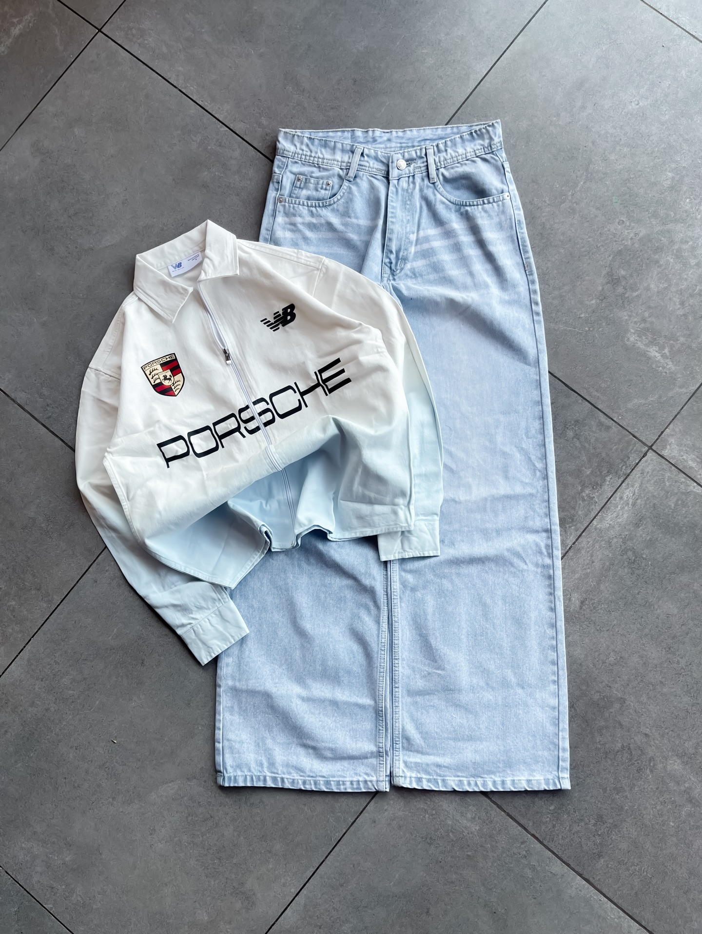 White & Light Blue Porsche Zip-Up Jacket with Wide-Leg Jeans – Sporty Luxury Meets Street Style