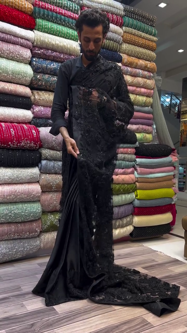 Elegant Black Net & Silk Saree with Exquisite Handmade Cut Dana Work