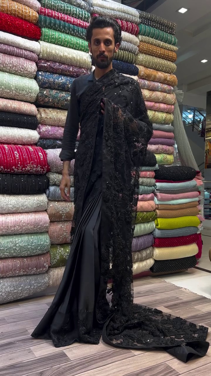 Elegant Black Net & Silk Saree with Exquisite Handmade Cut Dana Work