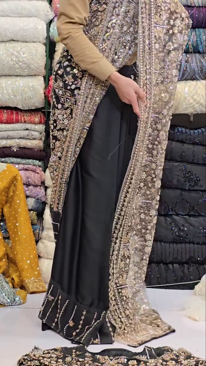 Black Georgette Saree with Intricate Silver & White Thread and Stone Work – A Statement of Timeless Glamour
