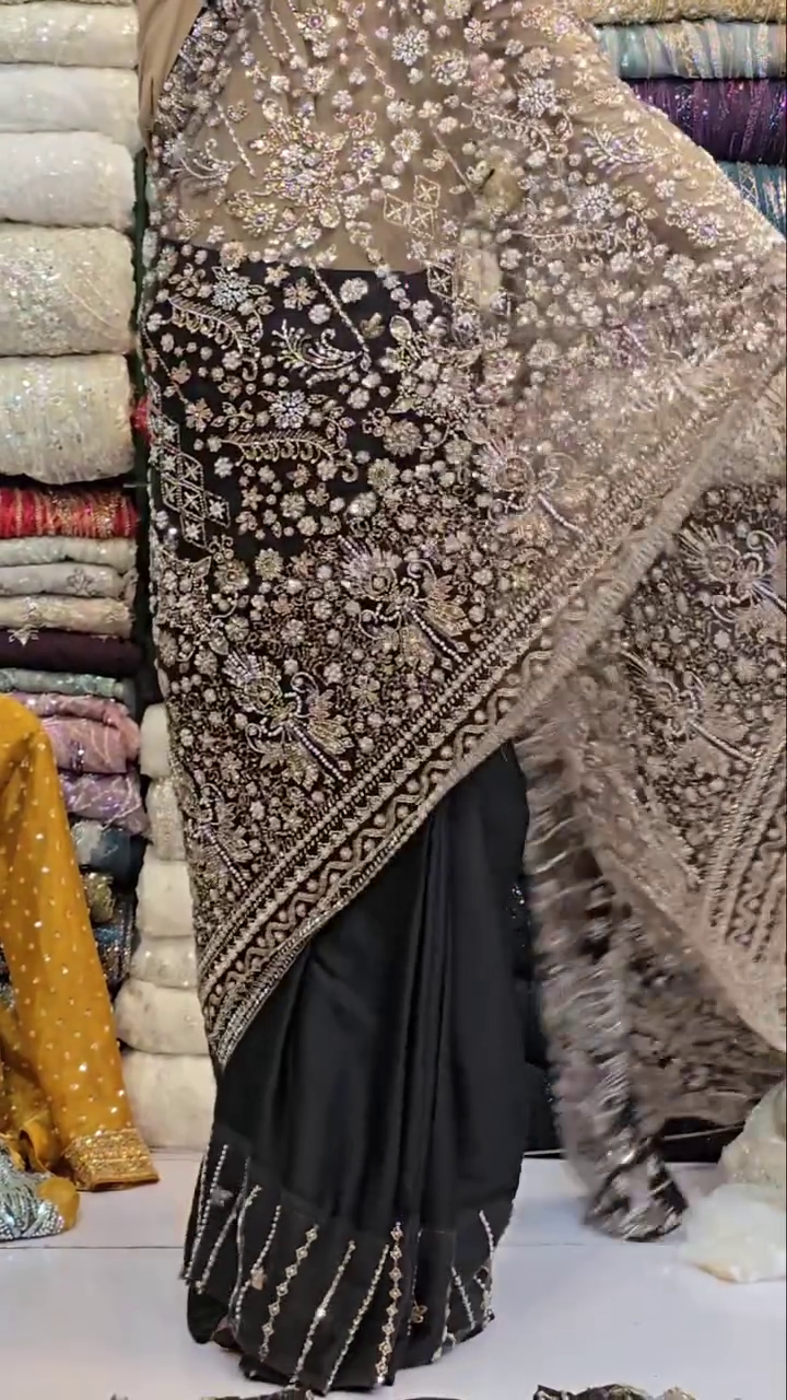 Black Georgette Saree with Intricate Silver & White Thread and Stone Work – A Statement of Timeless Glamour