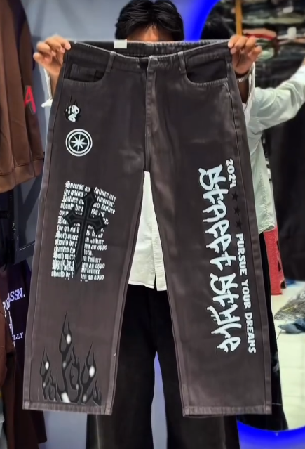 Light Blue Hardcore Straight Fit Denim Jeans with Bold White Graphic Print – Urban Edge Redefined