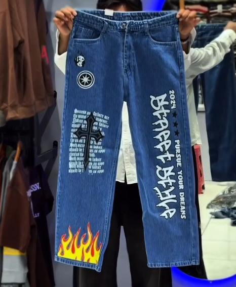 Light Blue Hardcore Straight Fit Denim Jeans with Bold White Graphic Print – Urban Edge Redefined