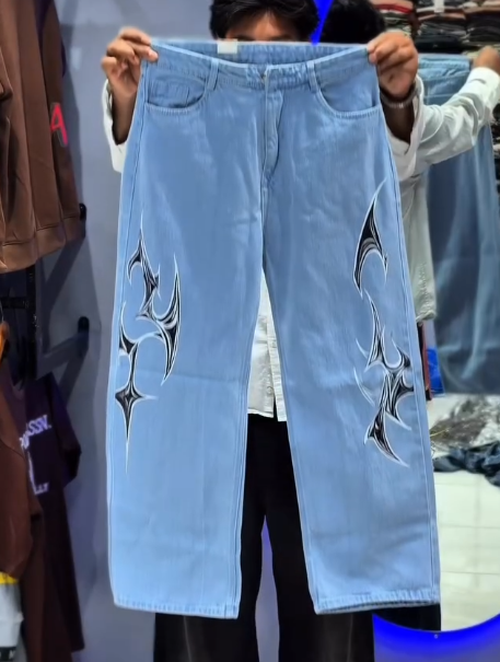 Light Blue Hardcore Straight Fit Denim Jeans with Bold White Graphic Print – Urban Edge Redefined