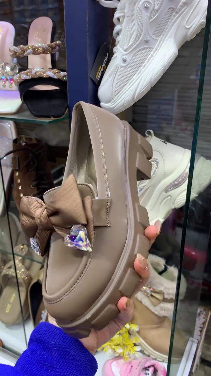 Women’s Chunky Platform Loafers – Black Slip-On Dress Shoes with Bow Charm