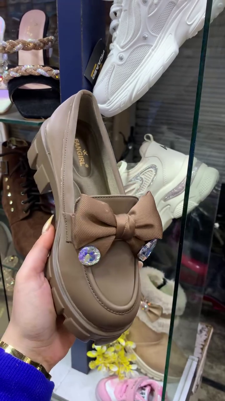 Women’s Chunky Platform Loafers – Black Slip-On Dress Shoes with Bow Charm