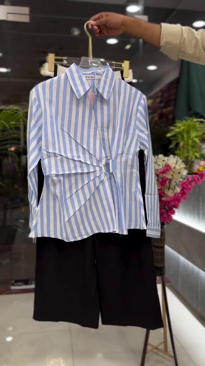 Women’s Striped Cotton Shirt Style Top with Peplum Drape Design – Fresh, Feminine & Flattering