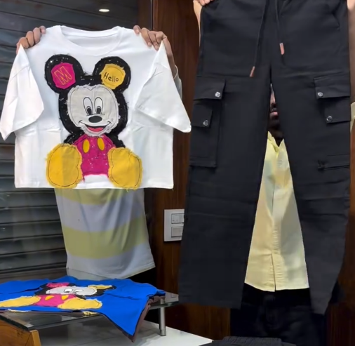 Playful Street Edge: Blue Mickey Mouse Graphic T-Shirt with Black Cargo Pants