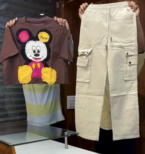 Playful Street Edge: Blue Mickey Mouse Graphic T-Shirt with Black Cargo Pants