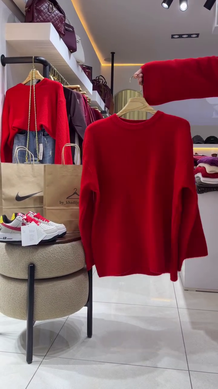 🔴 Bold & Cozy: Statement Red Knit with Relaxed Denim