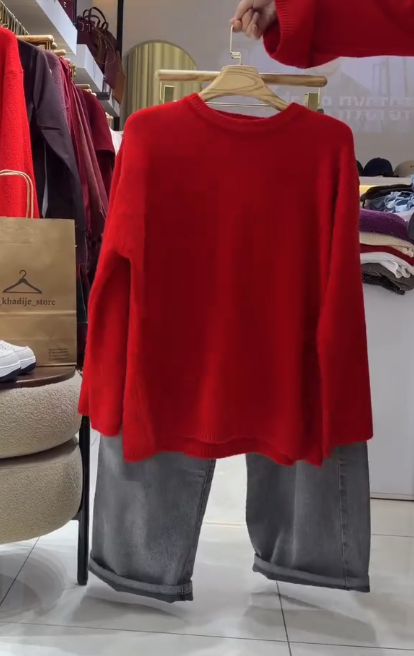 🔴 Bold & Cozy: Statement Red Knit with Relaxed Denim