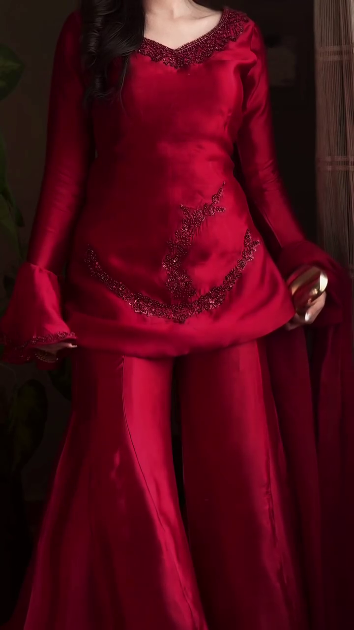 Bold in Red – Hand Embellished Peplum & Bell Bottom Luxury Set