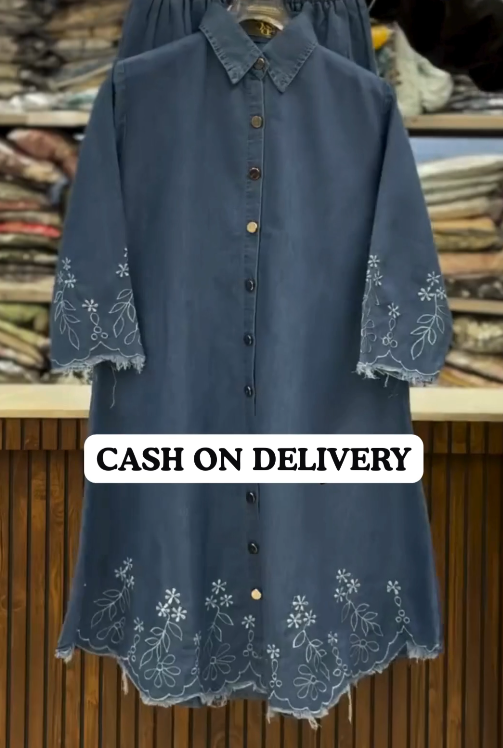 Urban Elegance – Embroidered Denim Long Shirt & Matching Pant Set