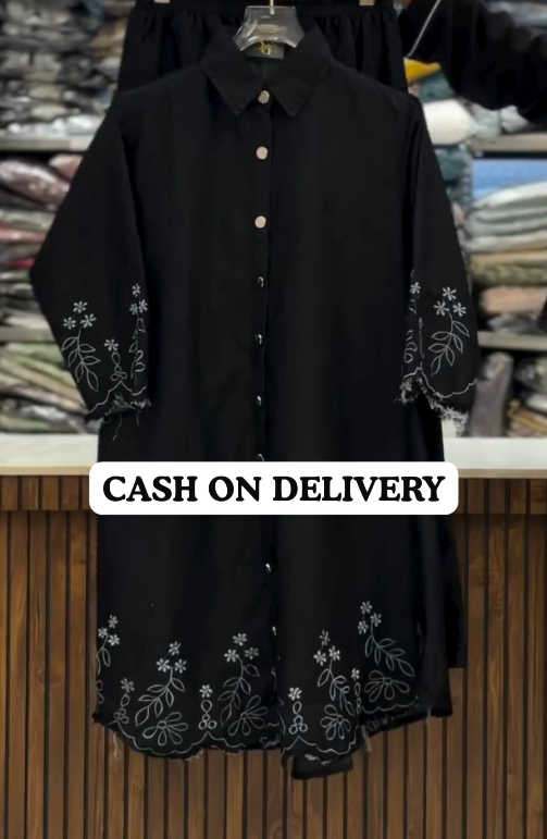 Urban Elegance – Embroidered Denim Long Shirt & Matching Pant Set