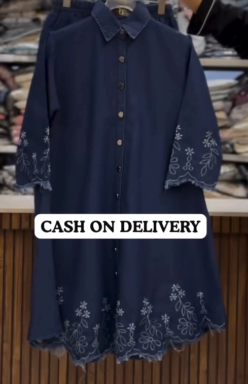 Urban Elegance – Embroidered Denim Long Shirt & Matching Pant Set