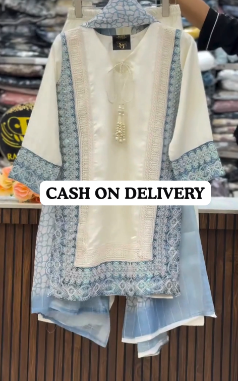 Regal Charm – Embroidered Pakistani Suit with Bell Sleeves, Trousers & Dupatta