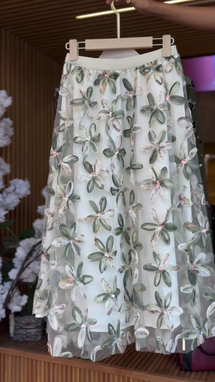 Fresh & Feminine – Olive Green Floral Crop Top with Flowing White Skirt