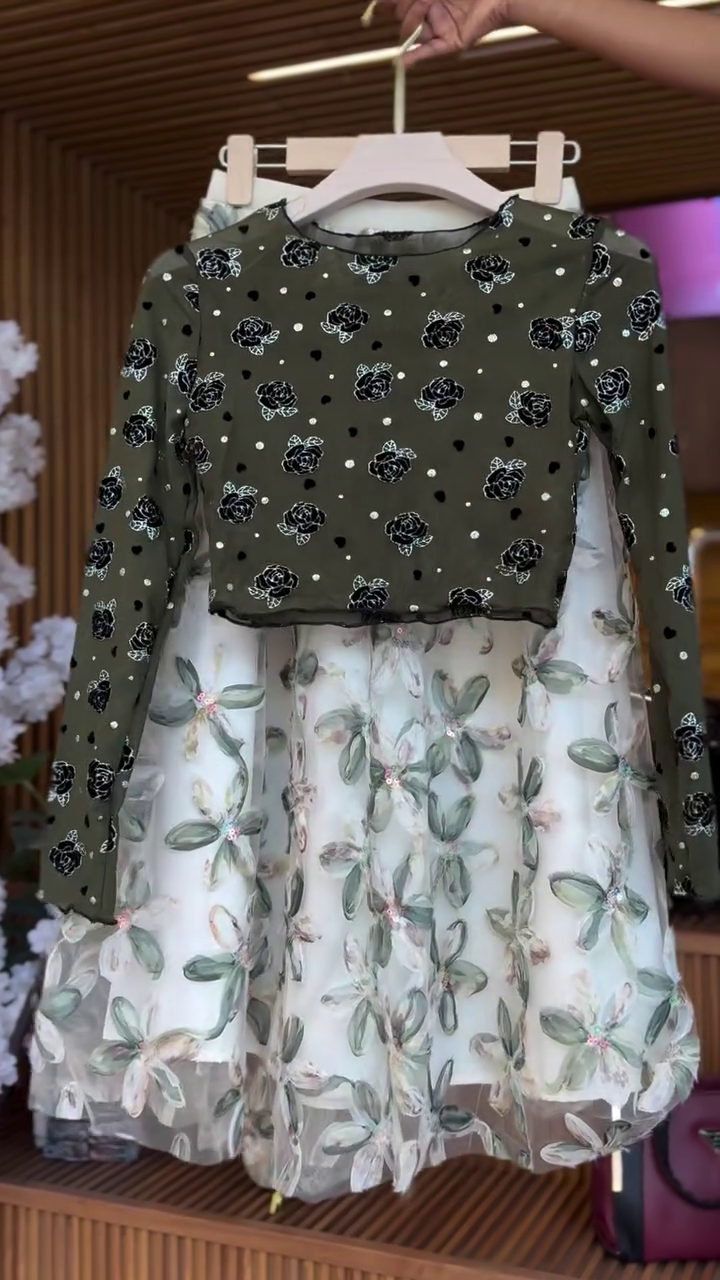 Fresh & Feminine – Olive Green Floral Crop Top with Flowing White Skirt