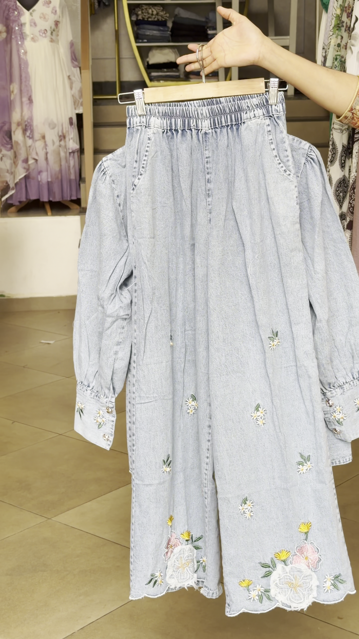 🌸✨ Floral Pearl Gold Denim Shirt – Where Glamour Meets Everyday Cool ✨🌸