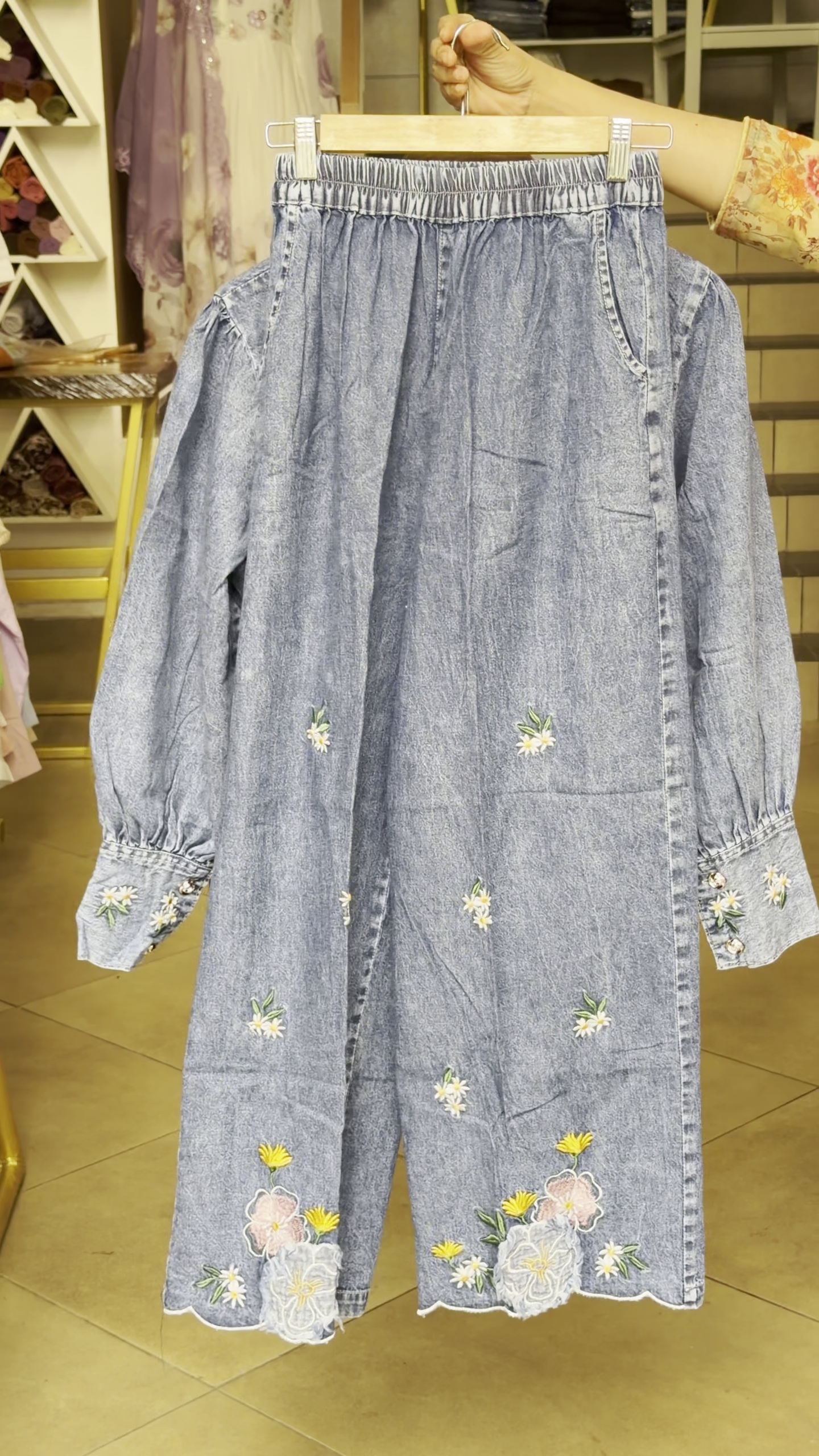 🌸✨ Floral Pearl Gold Denim Shirt – Where Glamour Meets Everyday Cool ✨🌸