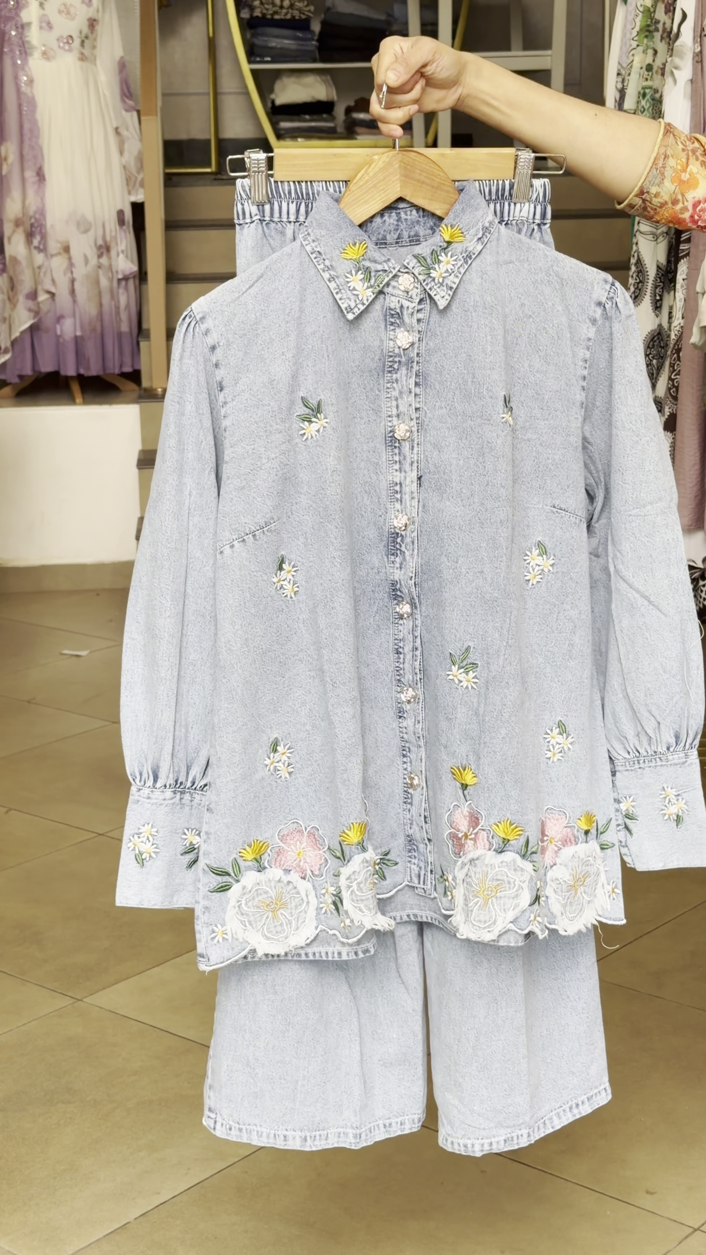 🌸✨ Floral Pearl Gold Denim Shirt – Where Glamour Meets Everyday Cool ✨🌸