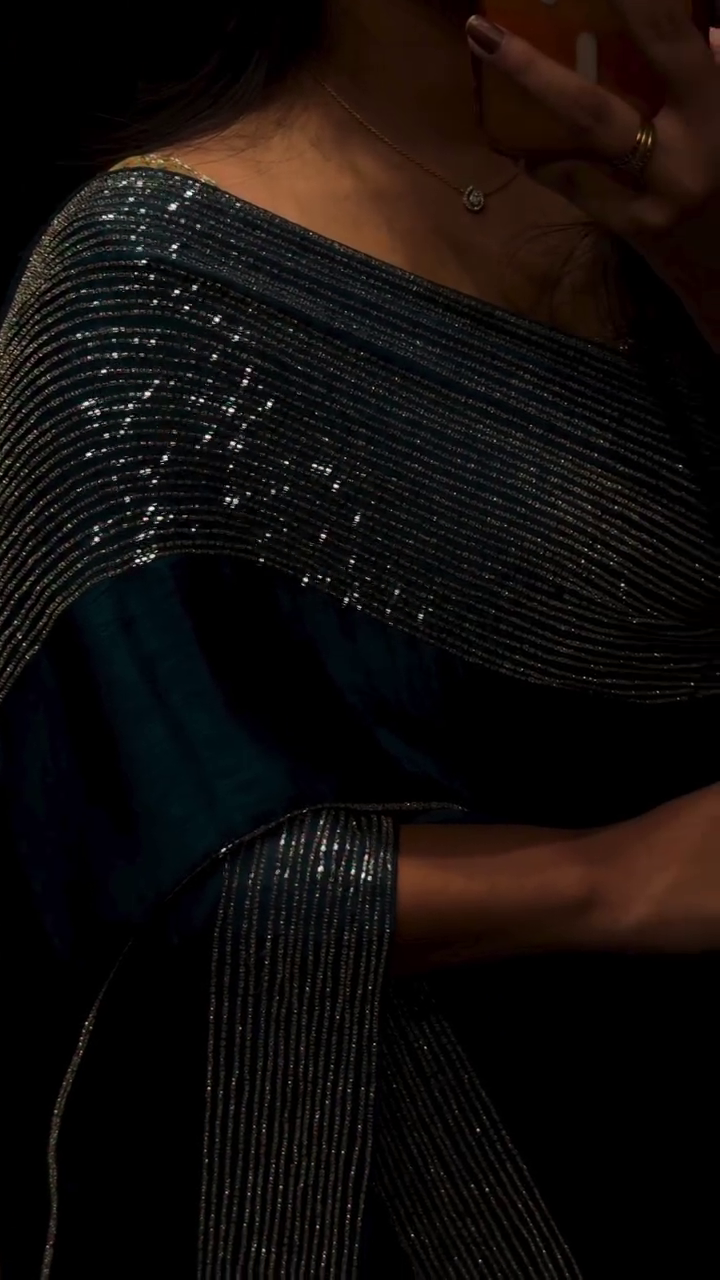 Elegant Blue Satin Saree with Beaded & Stone Embellished Border – Timeless Glamour 💙