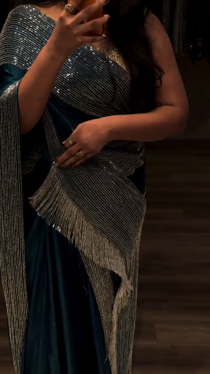 Elegant Blue Satin Saree with Beaded & Stone Embellished Border – Timeless Glamour 💙