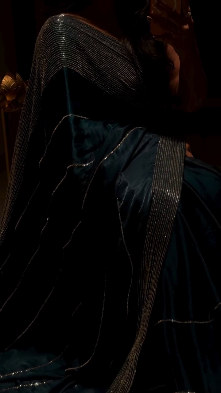 Elegant Blue Satin Saree with Beaded & Stone Embellished Border – Timeless Glamour 💙