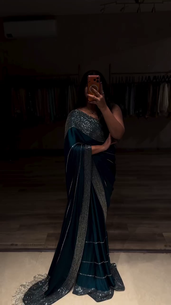 Elegant Blue Satin Saree with Beaded & Stone Embellished Border – Timeless Glamour 💙