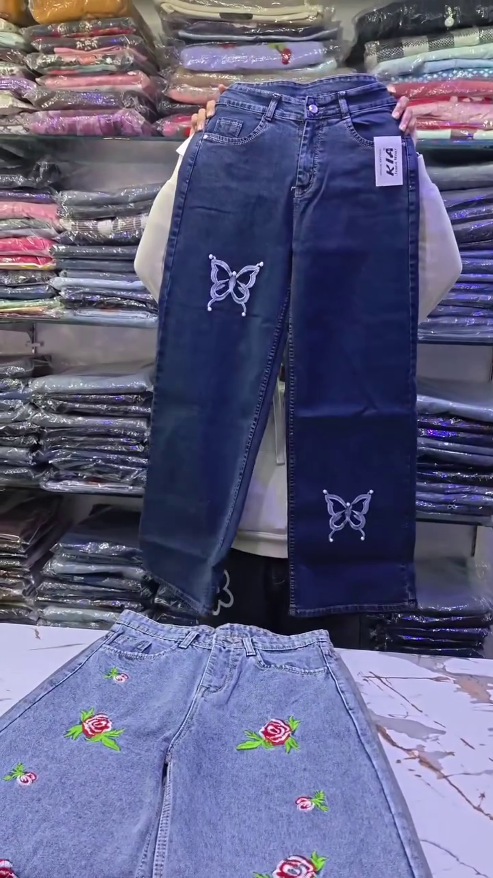 Playful Chic: KIA Wide-Leg Blue Denim Jeans with Butterfly Embellishments