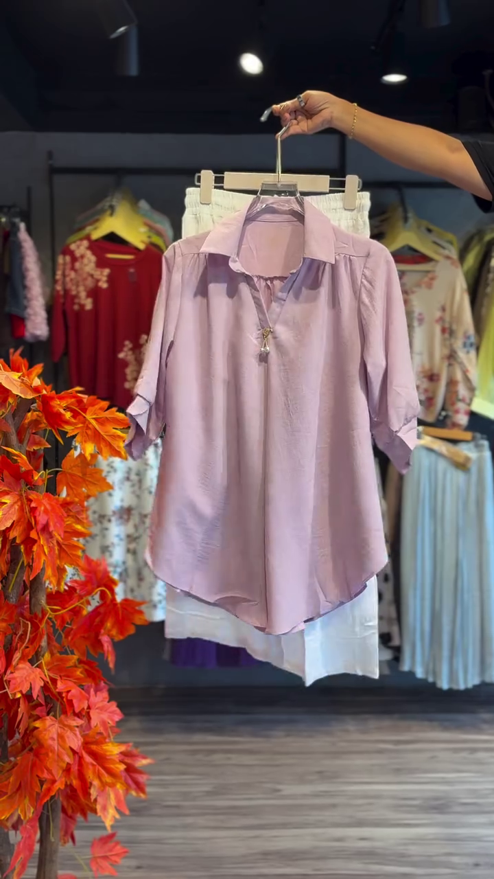 Lavender Collared Button-Down Tunic Top & Trousers Set – Soft Sophistication for Women 💜✨