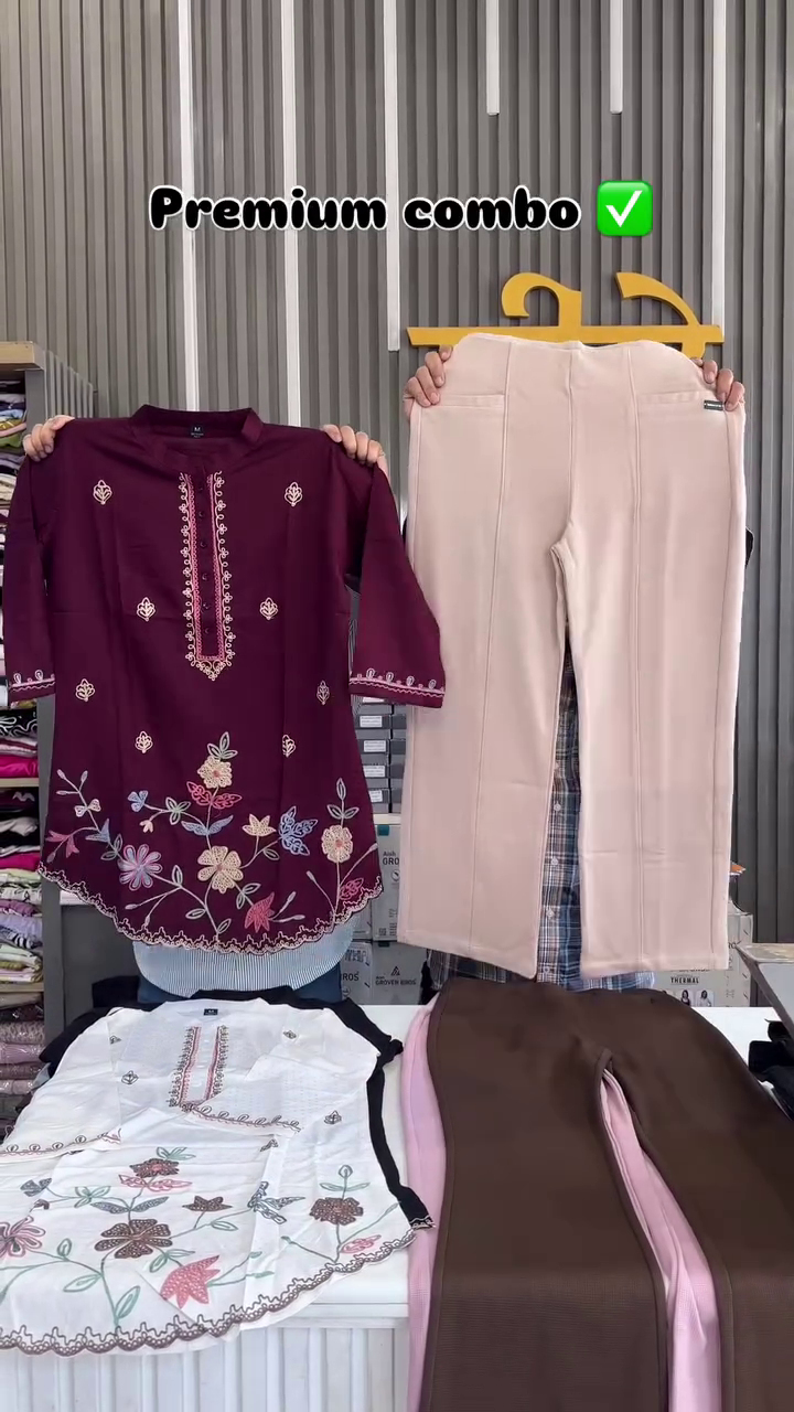 Dark Green Tunic with Pink Floral Embroidery & White Trousers – Elegant Ethnic Ensemble for Women 🌿🌸