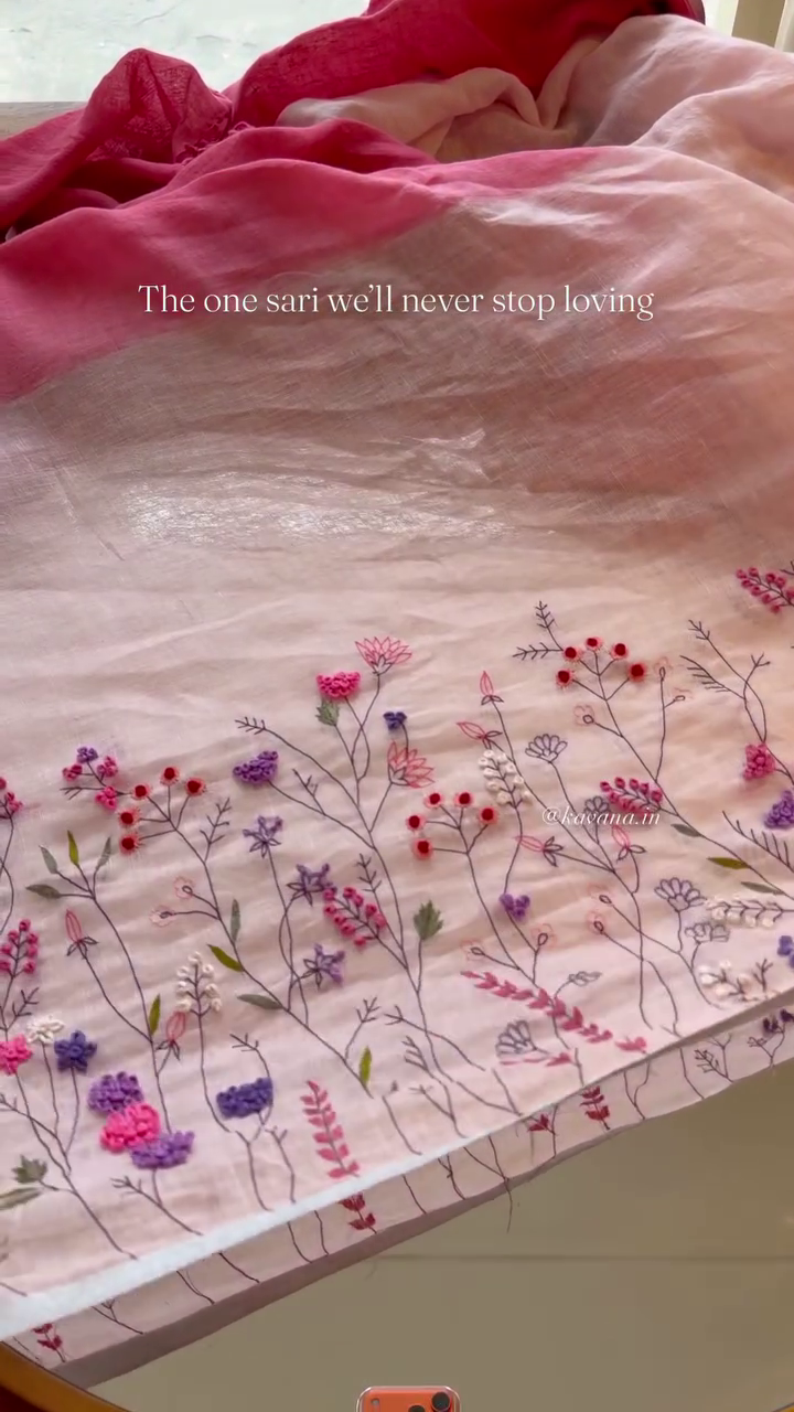 Grace in Every Thread: Light Pink Hand-Embroidered Muslin Linen Silk Saree