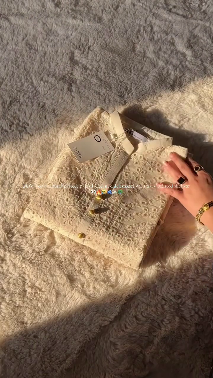 Chic Contrast: Navy Blue Patterned Side-Split Bottom with Cream Embroidered Top