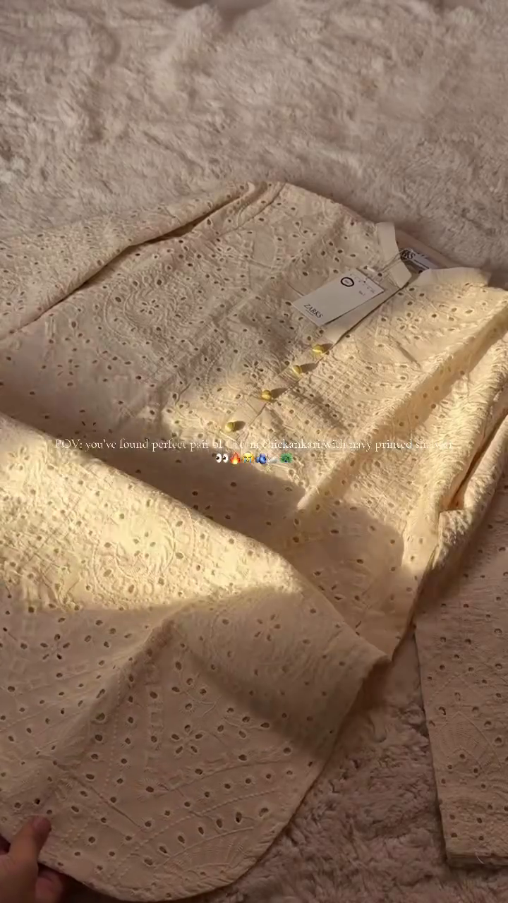 Chic Contrast: Navy Blue Patterned Side-Split Bottom with Cream Embroidered Top