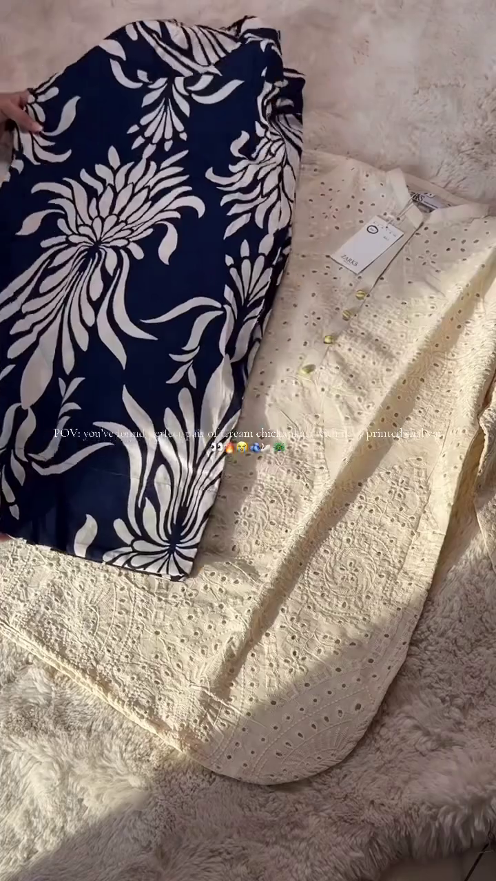 Chic Contrast: Navy Blue Patterned Side-Split Bottom with Cream Embroidered Top