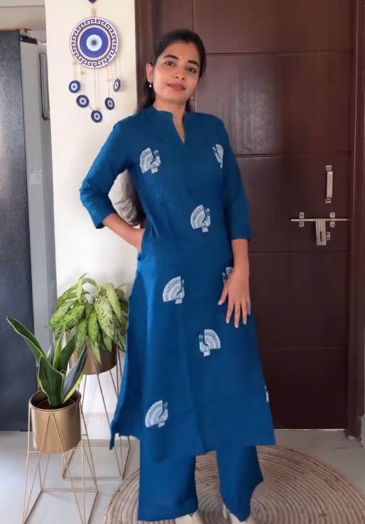 Fresh & Timeless: White Cotton Kurta Set with Blue Floral Print