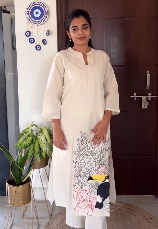 Fresh & Timeless: White Cotton Kurta Set with Blue Floral Print