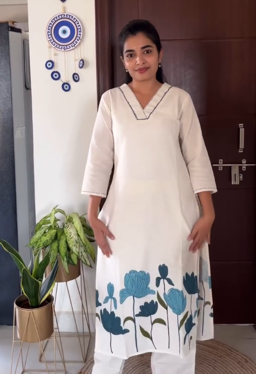 Fresh & Timeless: White Cotton Kurta Set with Blue Floral Print