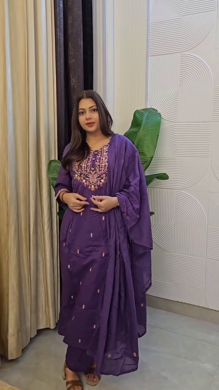 Regal Elegance: Maroon Embroidered Anarkali Suit Set with Printed Kurta, Pants & Dupatta