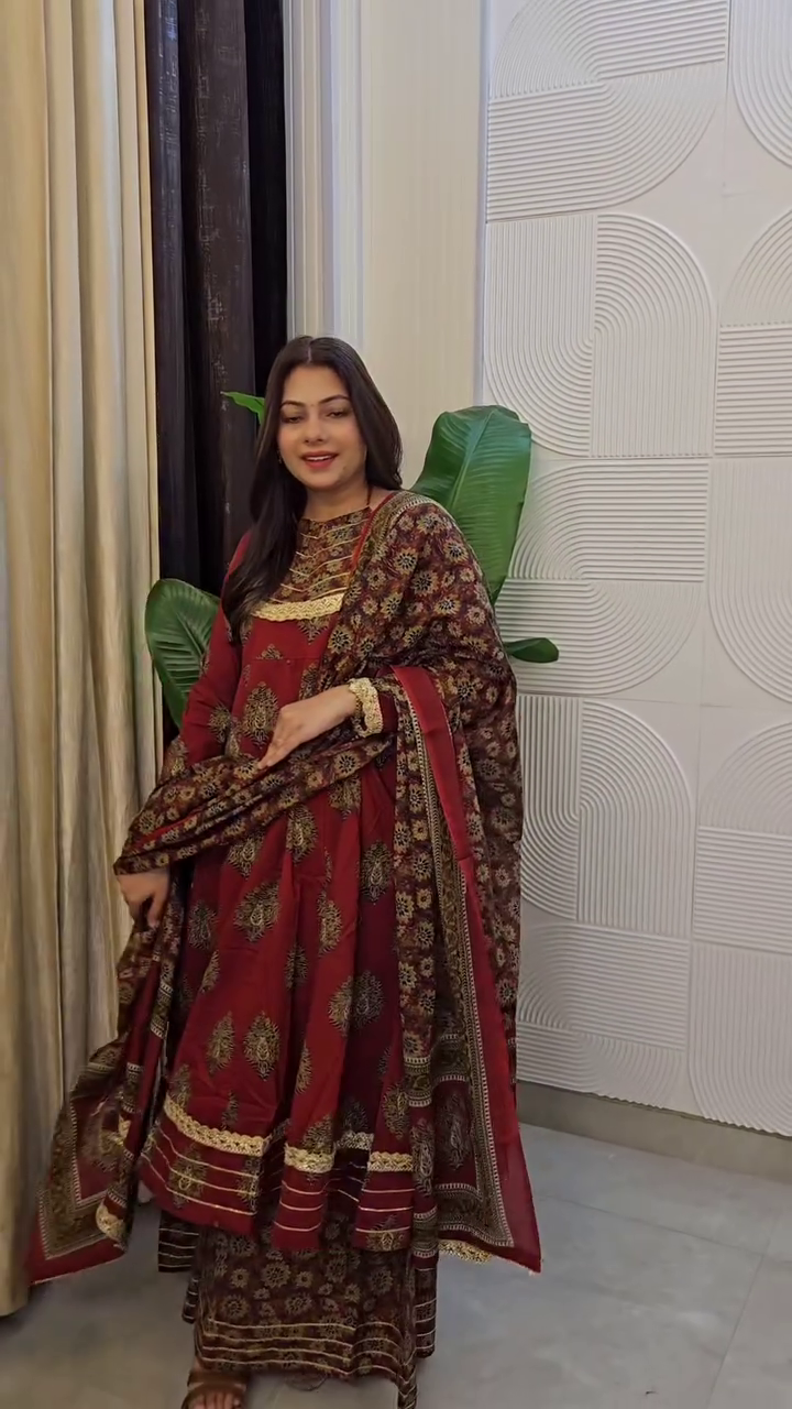 Regal Elegance: Maroon Embroidered Anarkali Suit Set with Printed Kurta, Pants & Dupatta