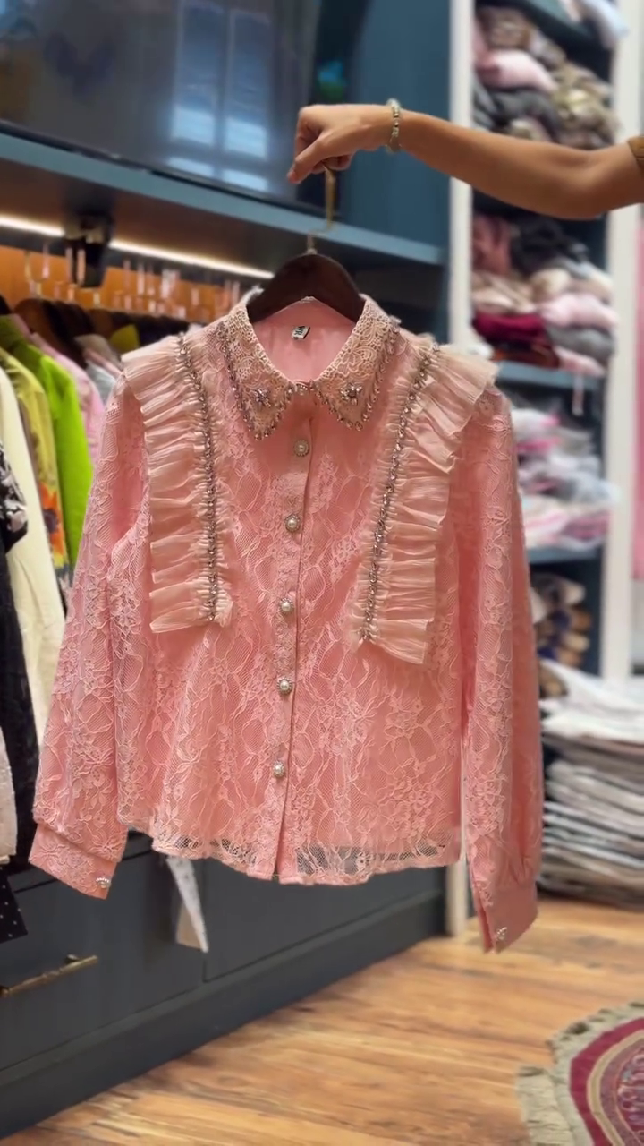 Vintage Charm: Brown Lace Ruffled Top with Jeweled Collar and Pearl Buttons