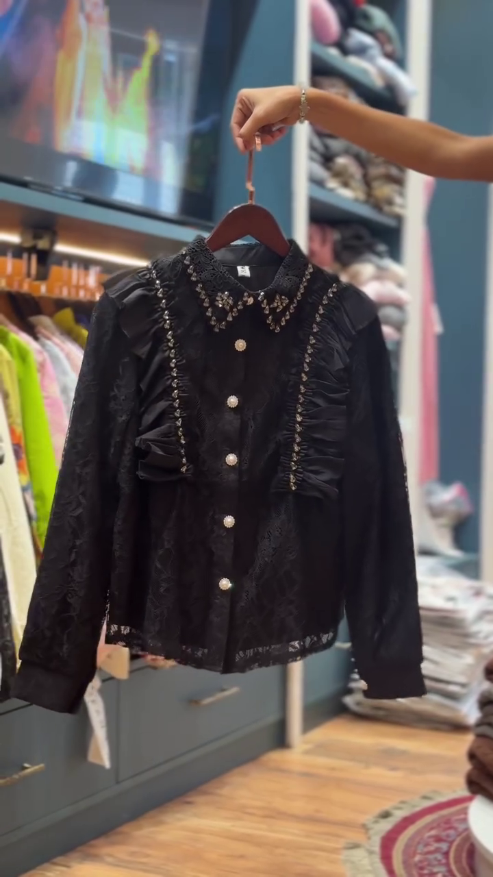 Vintage Charm: Brown Lace Ruffled Top with Jeweled Collar and Pearl Buttons