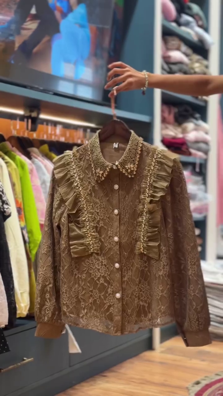 Vintage Charm: Brown Lace Ruffled Top with Jeweled Collar and Pearl Buttons