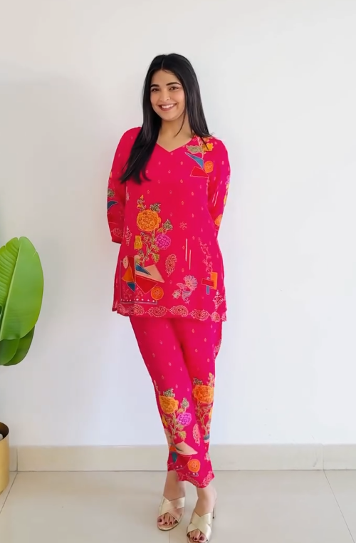 Fresh & Elegant: Women’s Green Floral Printed Pure Crepe Co-ord Set with Kurta and Wide-Leg Pants