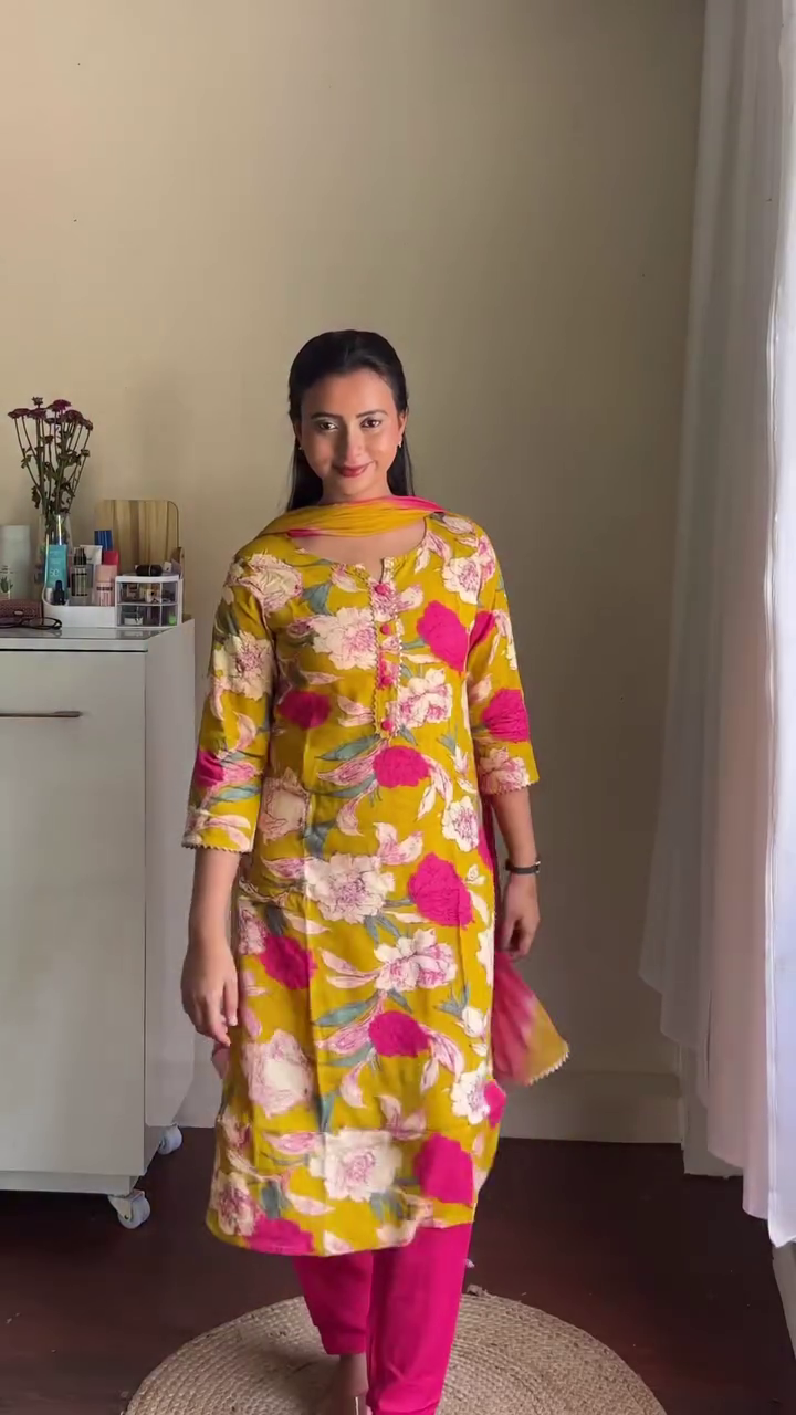 Sunny Charm: Yellow Cotton Floral Printed Kurta Set