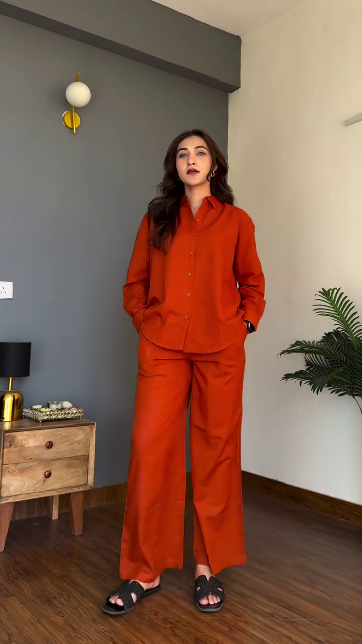 Effortless Elegance: Purple Co-ord Set by Corsica – Shirt & Wide-Leg Trousers